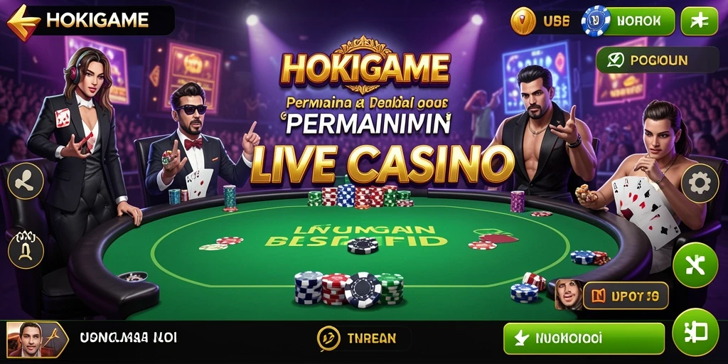 Screenshot HOKIGAME menunjukkan dealer langsung dan pemain menikmati permainan Live Casino.