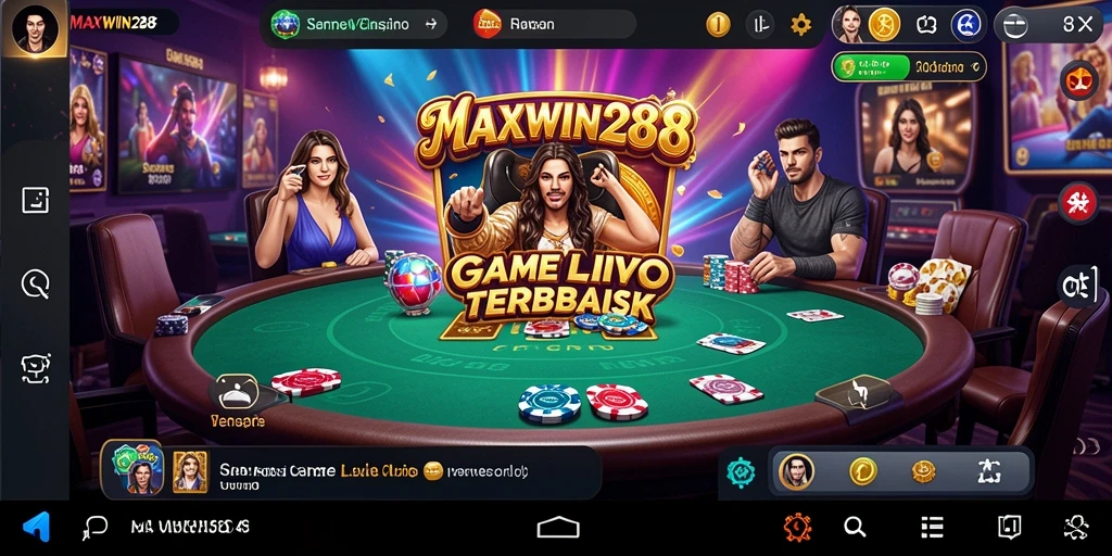 Screenshot gameplay MAXWIN288 menampilkan dealer dan meja permainan Live Casino.