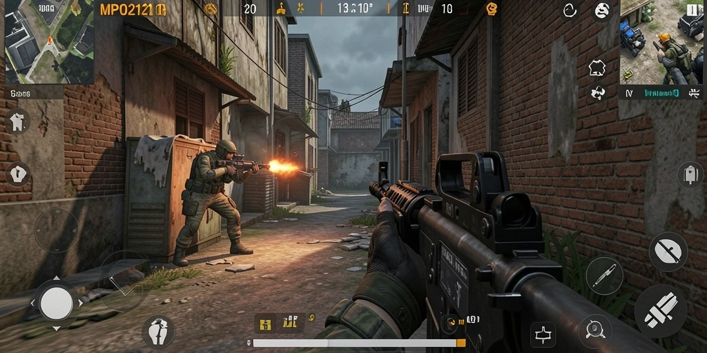 Screenshot MPO2121 menampilkan aksi pertempuran intens dalam mode FPS.