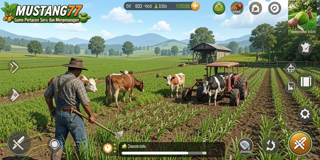 Gameplay seru dalam MUSTANG77 saat bertani dan merawat hewan.