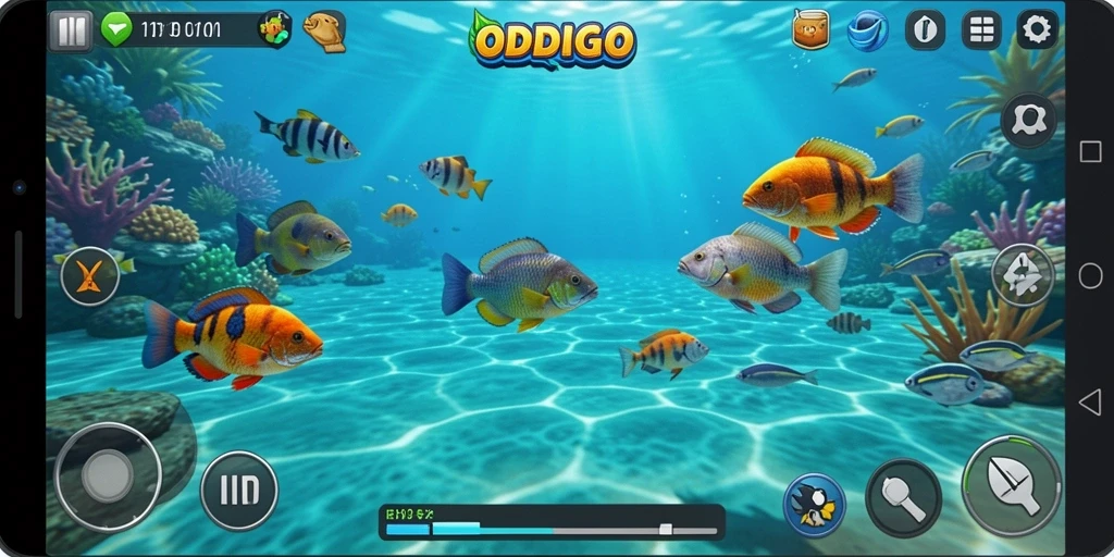Screenshot gameplay ODDIGO menampilkan aksi seru saat menembak ikan.