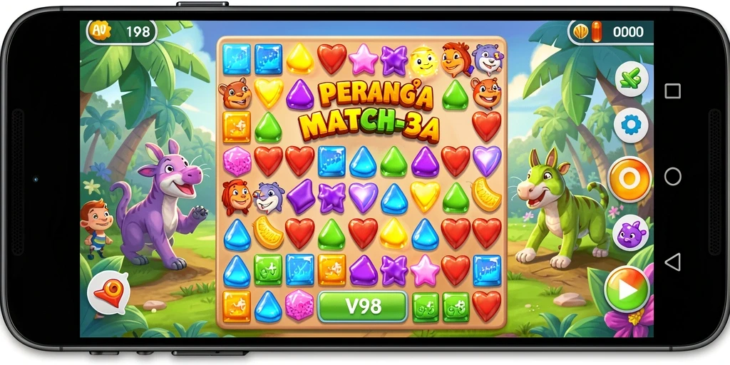 Tangkapan layar V98 menunjukkan gameplay Match-3 yang penuh warna dan tantangan.